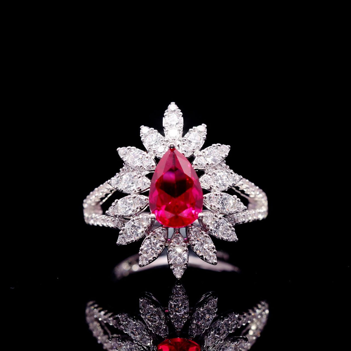 Myra Red Luxury Bridal Ring with High-Quality Zircon Stones Rhodium-Plated Finish