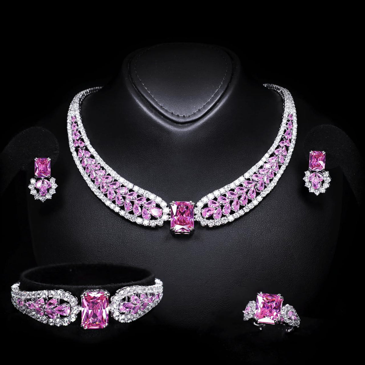 Nadirra Pink Luxury Bridal Full Set with High-Quality Zircon Stones Premium Rhodium Plating