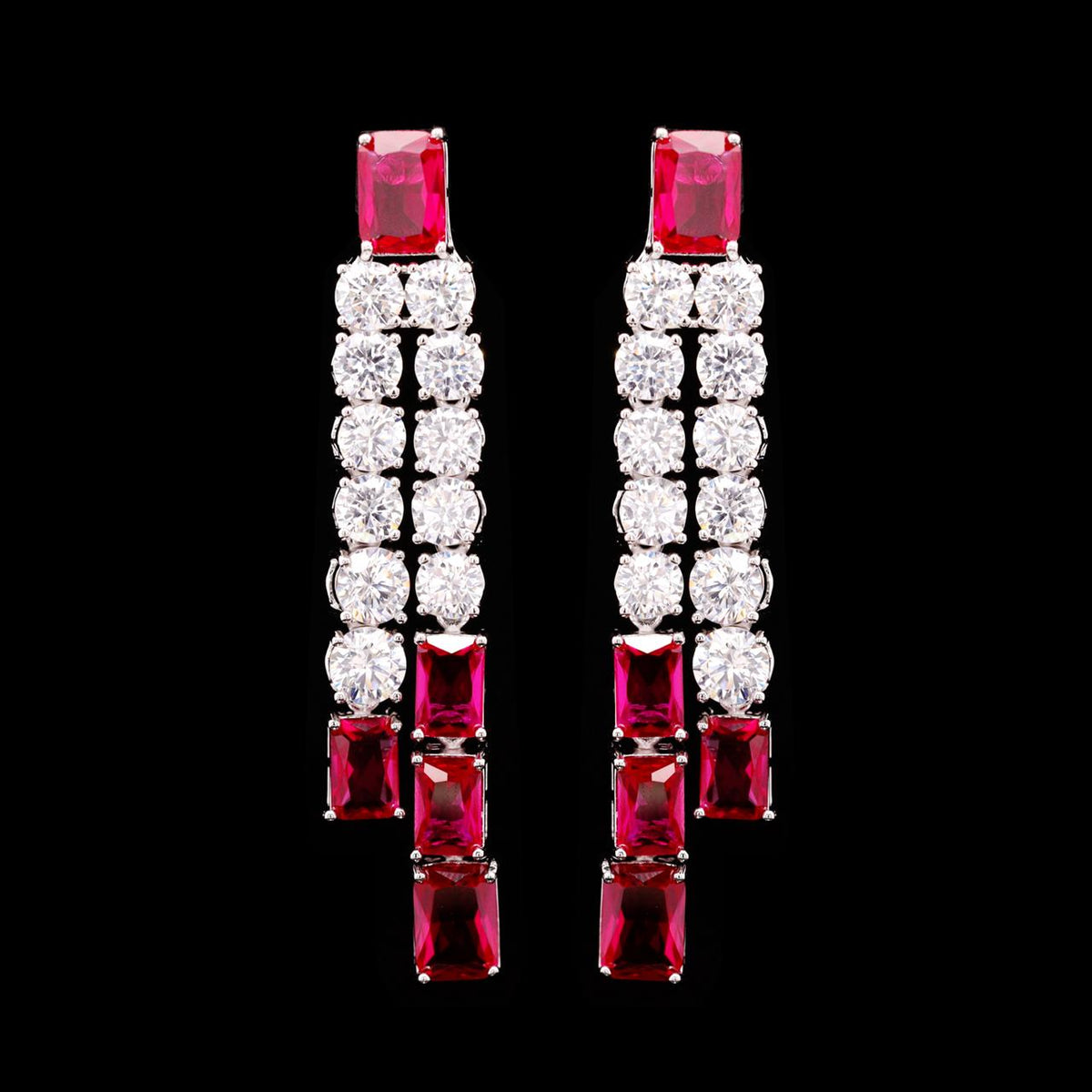 Nicole Red Luxury Bridal Earring with High-Quality Zircon Stones Rhodium-Plated Finish