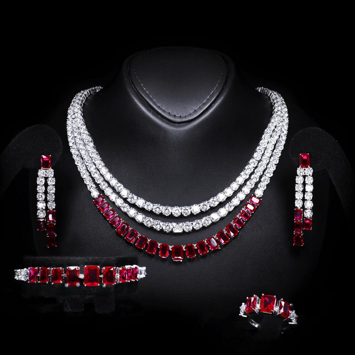 Nicole Red Luxury Bridal Full Set with High-Quality Zircon Stones Rhodium-Plated Finish