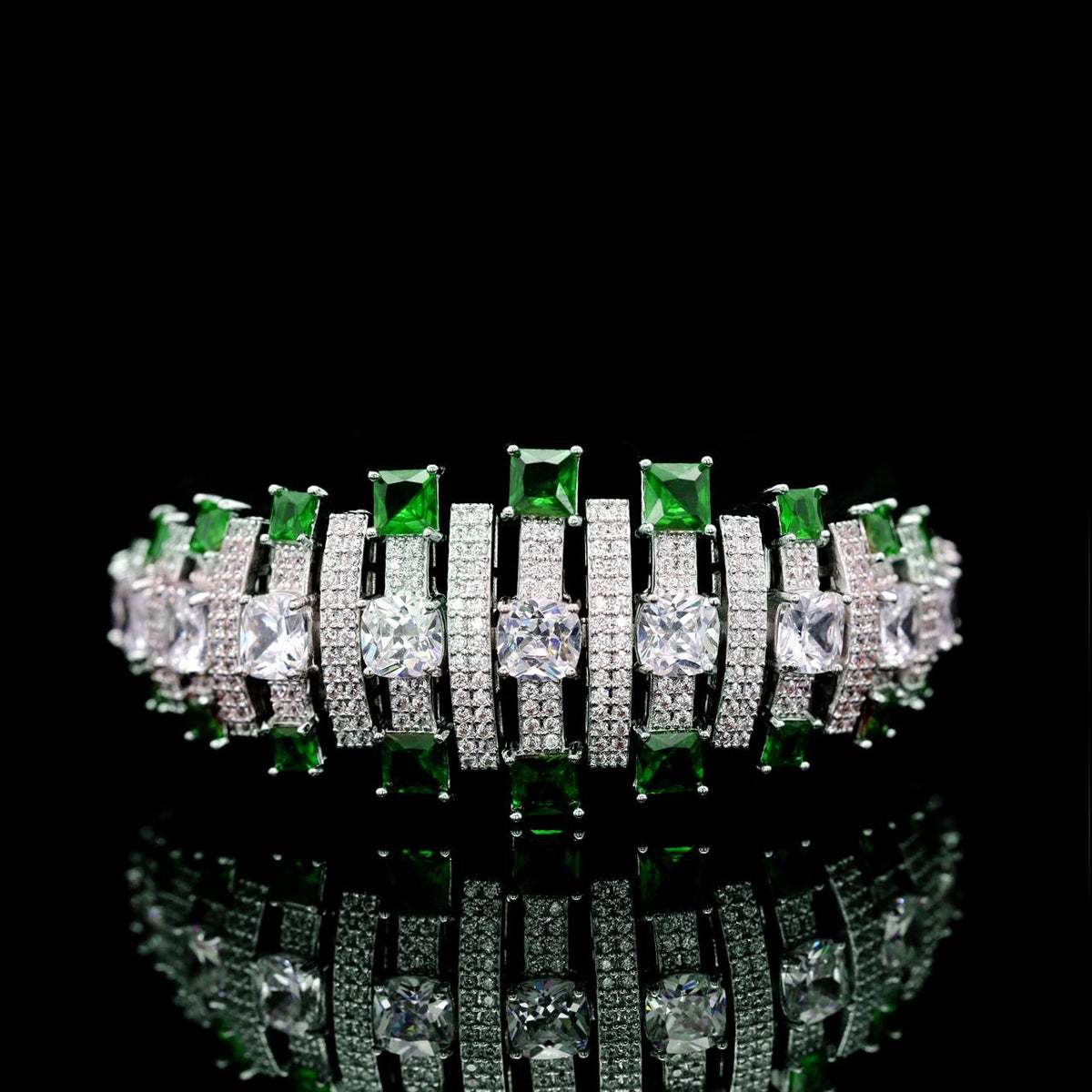 Olivia Green Luxury Bridal Bracelet with High-Quality Zircon Stones, Rhodium-Plated