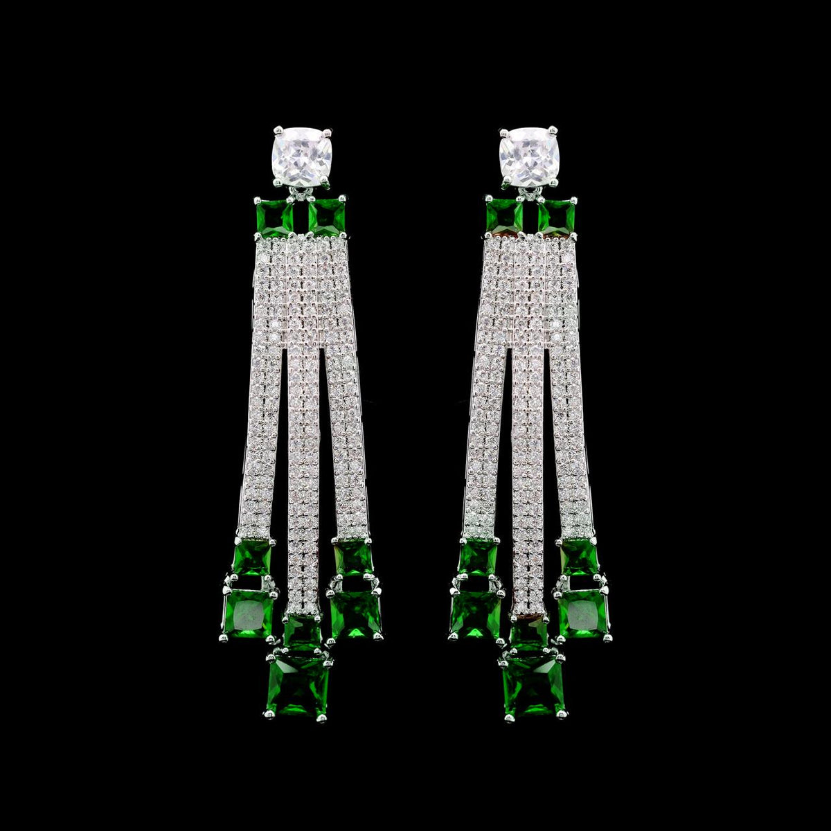 Olivia Green Luxury Bridal Earring with High-Quality Zircon Stones, Rhodium-Plated