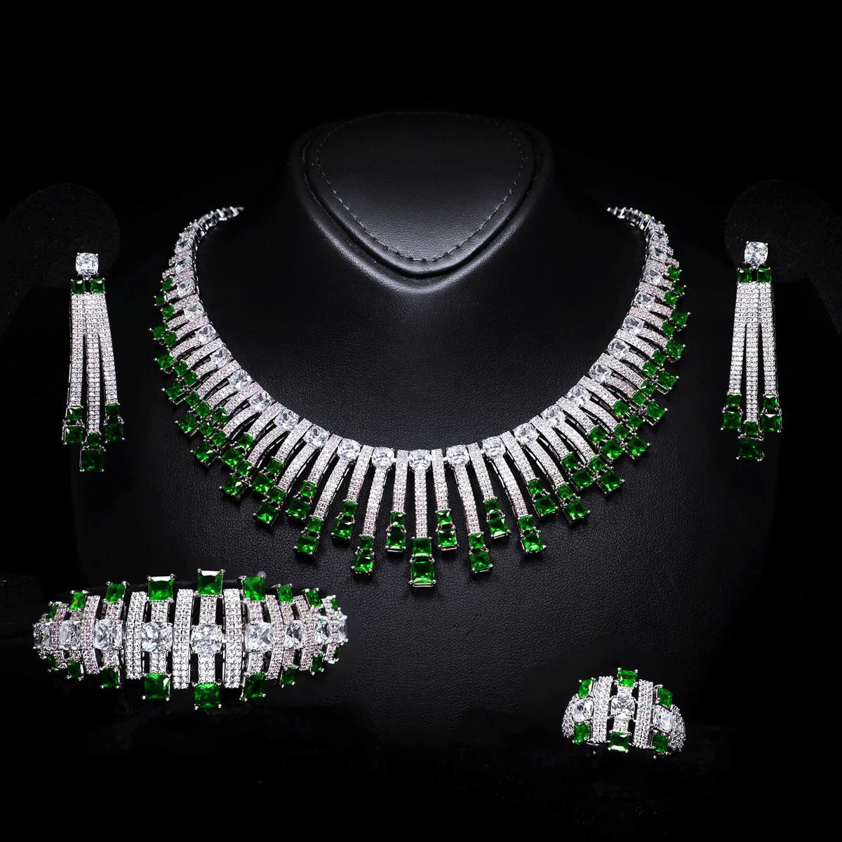 Olivia Green Luxury Bridal Full Set with High-Quality Zircon Stones, Rhodium-Plated