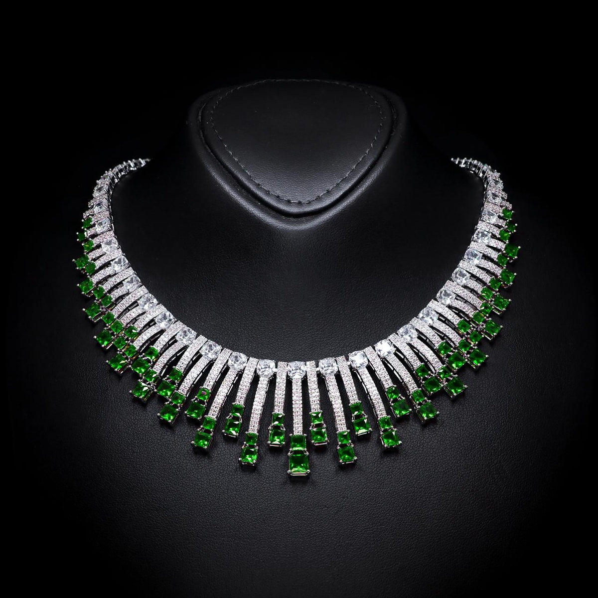 Olivia Green Luxury Bridal Necklace with High-Quality Zircon Stones, Rhodium-Plated