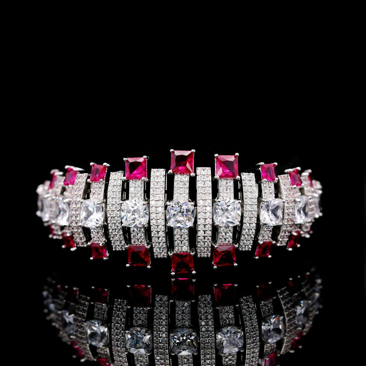 Olivia Red Luxury Bridal Bracelet with High-Quality Zircon Stones, Rhodium-Plated