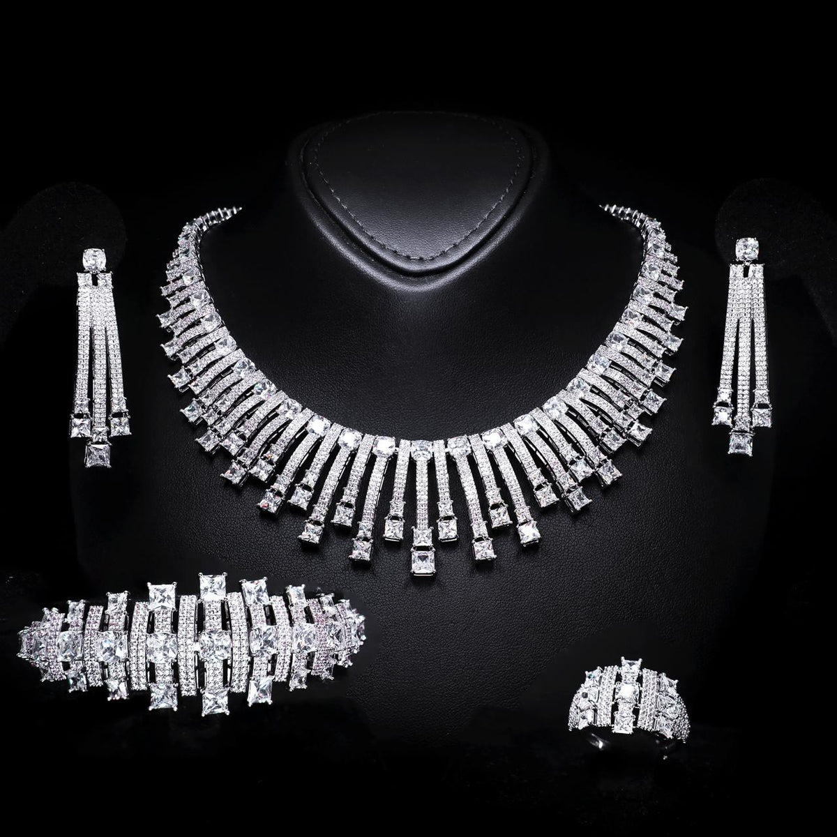 Olivia White Luxury Bridal Full Set with High-Quality Zircon Stones, Rhodium-Plated