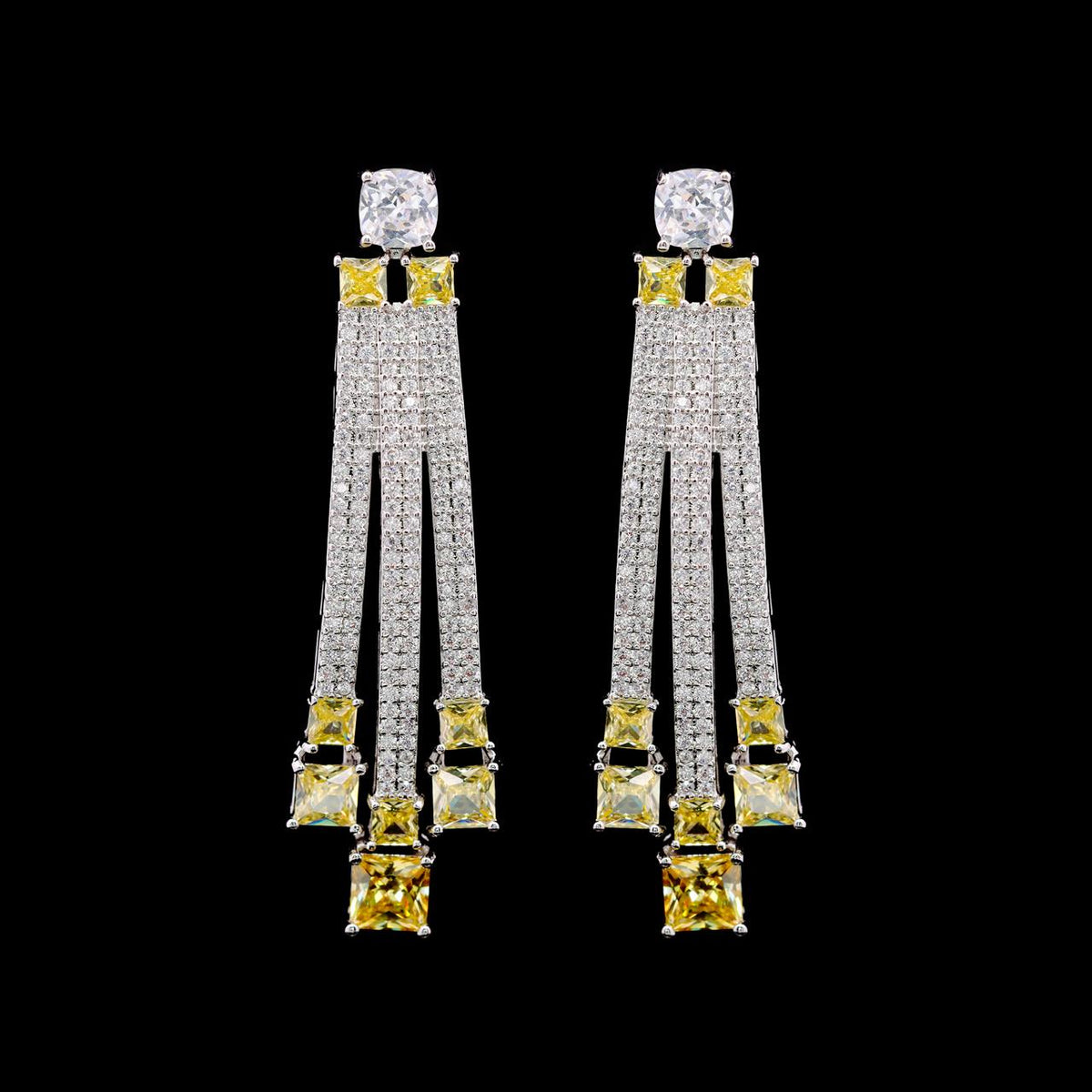 Olivia Yellow Luxury Bridal Earring with High-Quality Zircon Stones, Rhodium-Plated