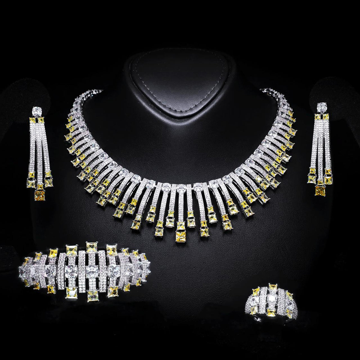 Olivia Yellow Luxury Bridal Full Set with High-Quality Zircon Stones, Rhodium-Plated