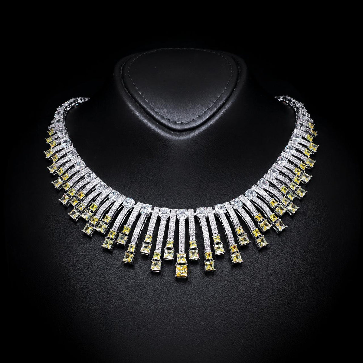 Olivia Yellow Luxury Bridal Necklace with High-Quality Zircon Stones, Rhodium-Plated