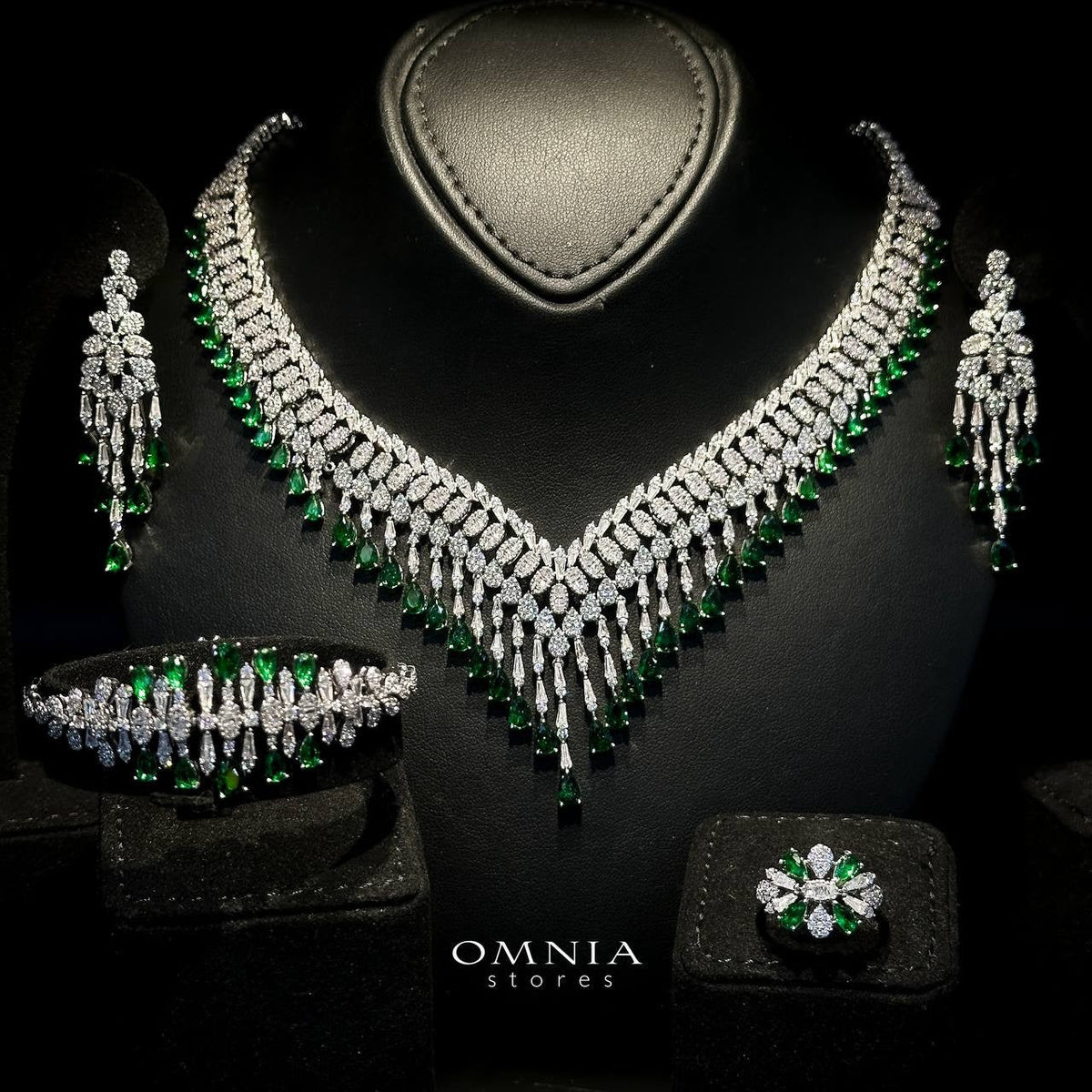 Omnia Miyah Green Luxury Bridal Full Set in High Quality Rhodium Plated Zircon Stones