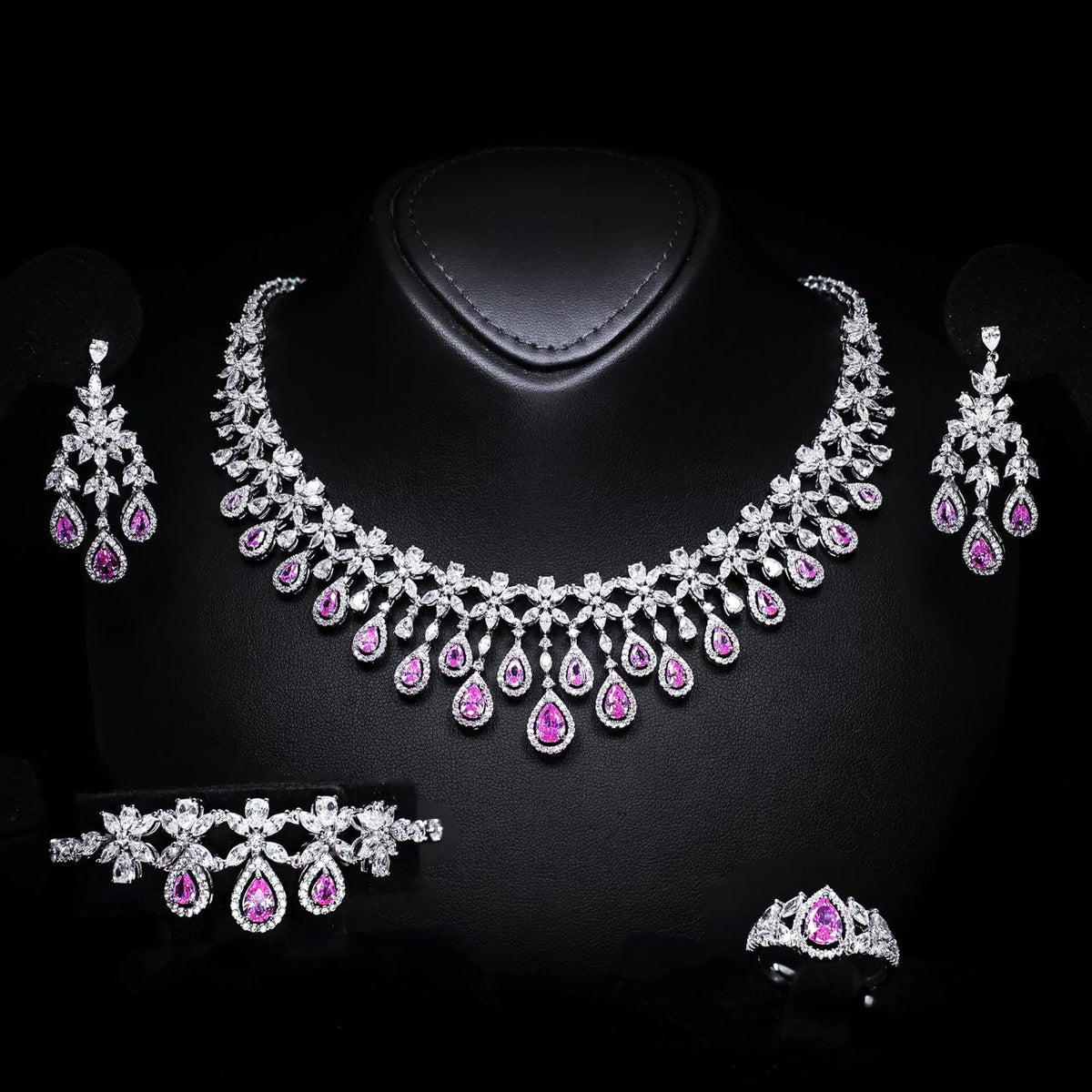 Omnia Ayla Pink Bridal Full Set with High-Quality Zircon Stones, Premium Rhodium-Plated