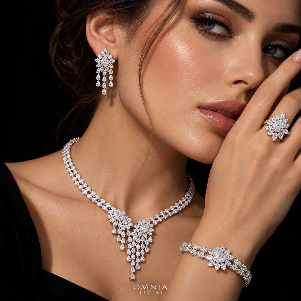 Omnia Nuha White Bridal Full Set in 925 Silver High Quality Simulated Diamonds on model