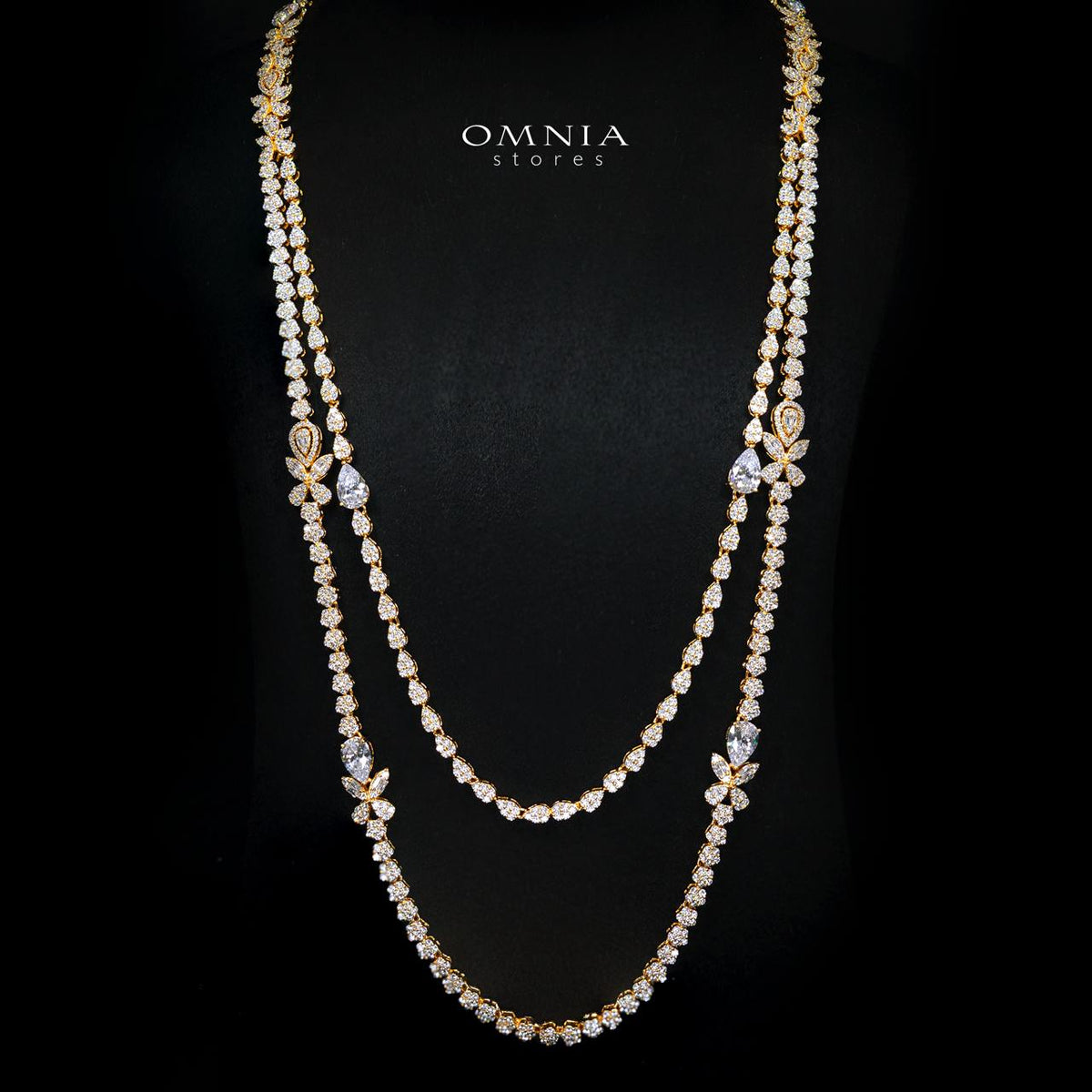 Omnia Yaza Bridal Gold Long chain Set High Quality Zircon Stone In Rhodium Plated
