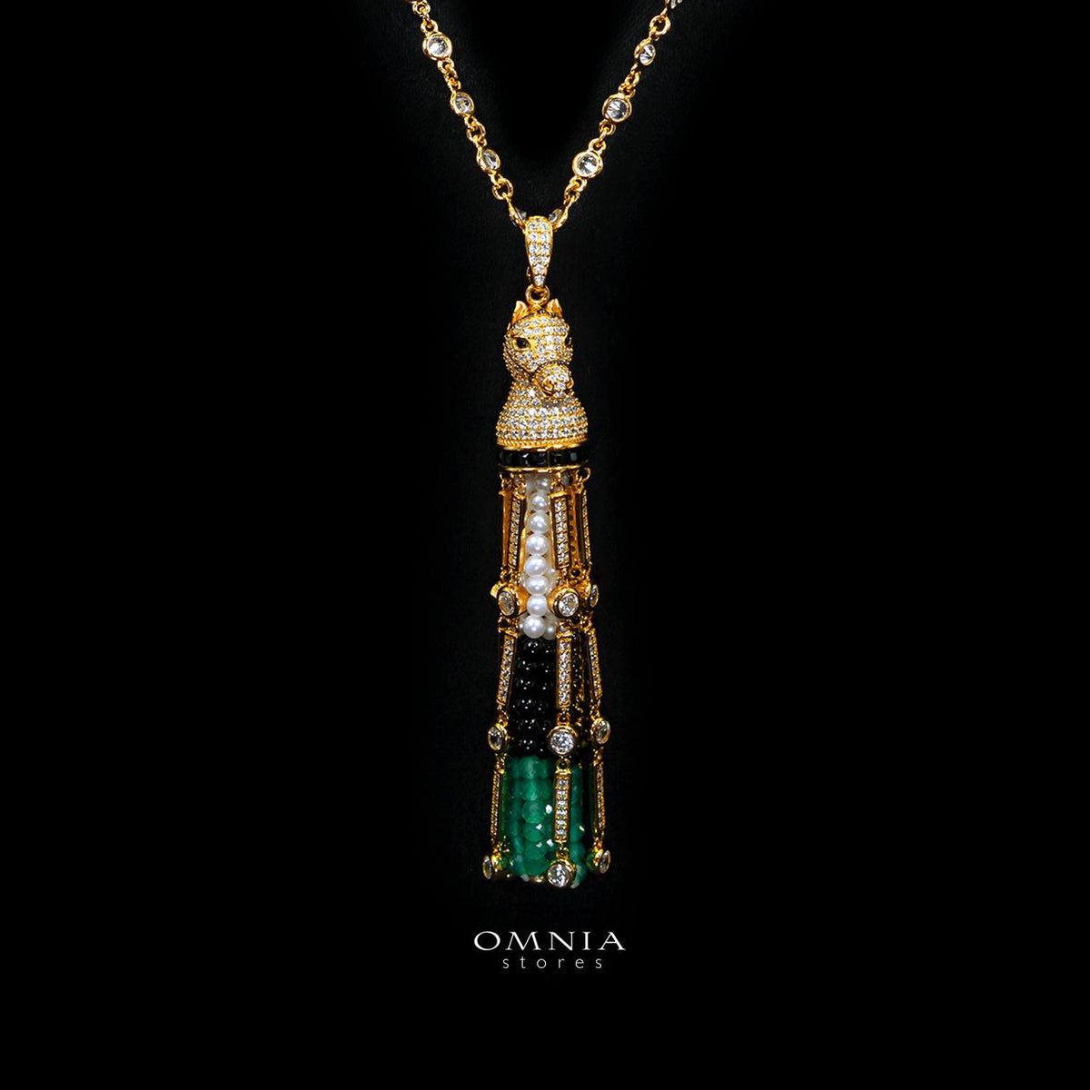 Omnia Vania Multi-Color Gold-Plated Horse Design Long Chain Necklace & Drop Earrings Set in 925 Silver with High-Quality Simulated Diamonds