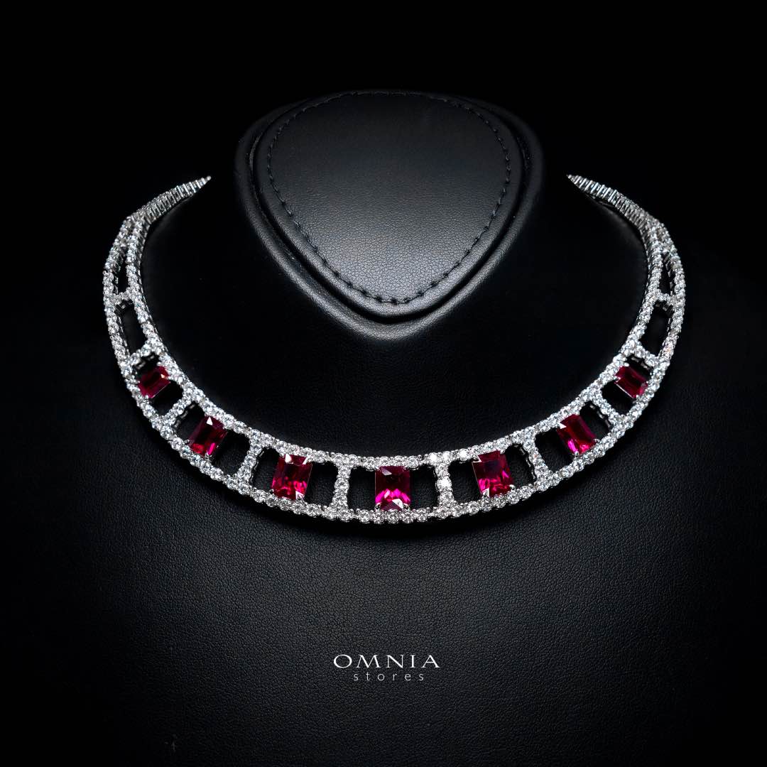 Omnia Alessandra Red Necklace in 925 Silver with Emerald-Cut High-Quality Simulated Diamonds