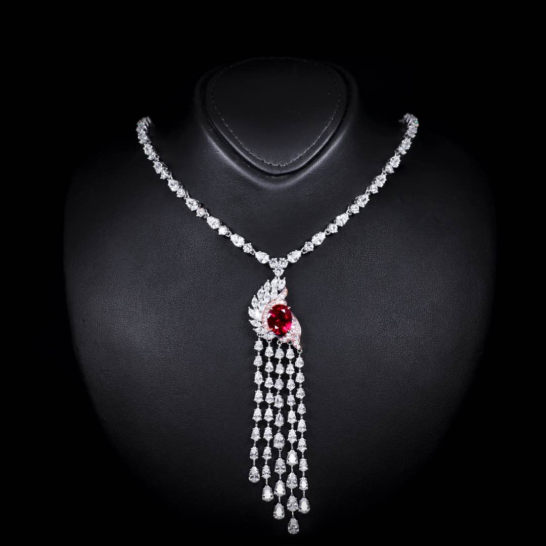 Omnia Bariza Maroon Necklace & Ring Set in 925 Silver with Oval and Marquise-Cut High-Quality Simulated Diamonds