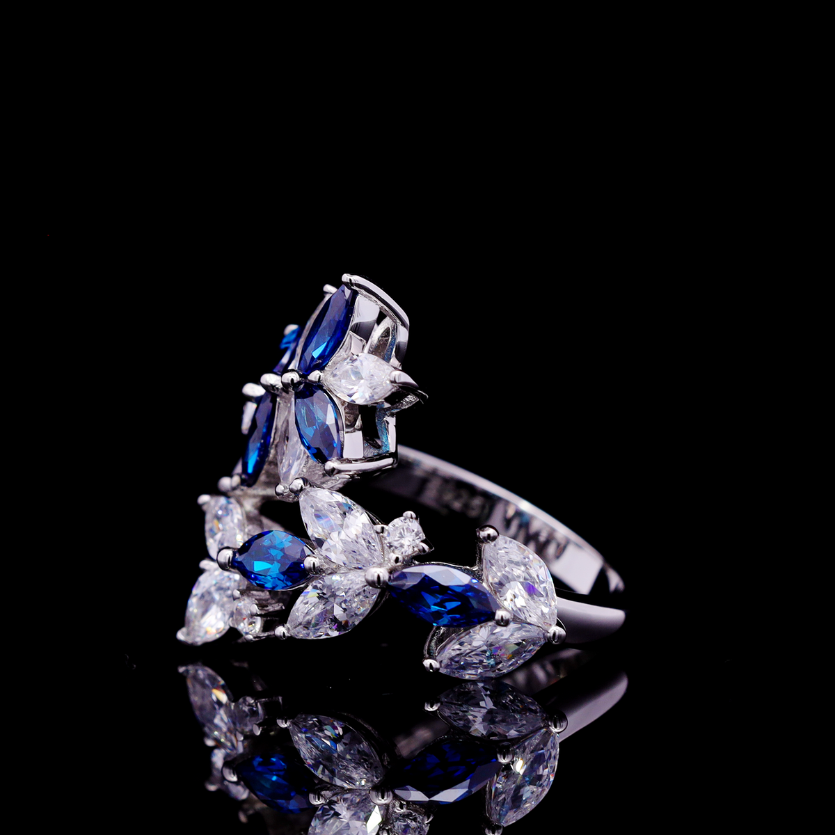 Abla Blue Floral Ring in 925 Silver with Marquise and Pear-Cut High-Quality Simulated Diamonds