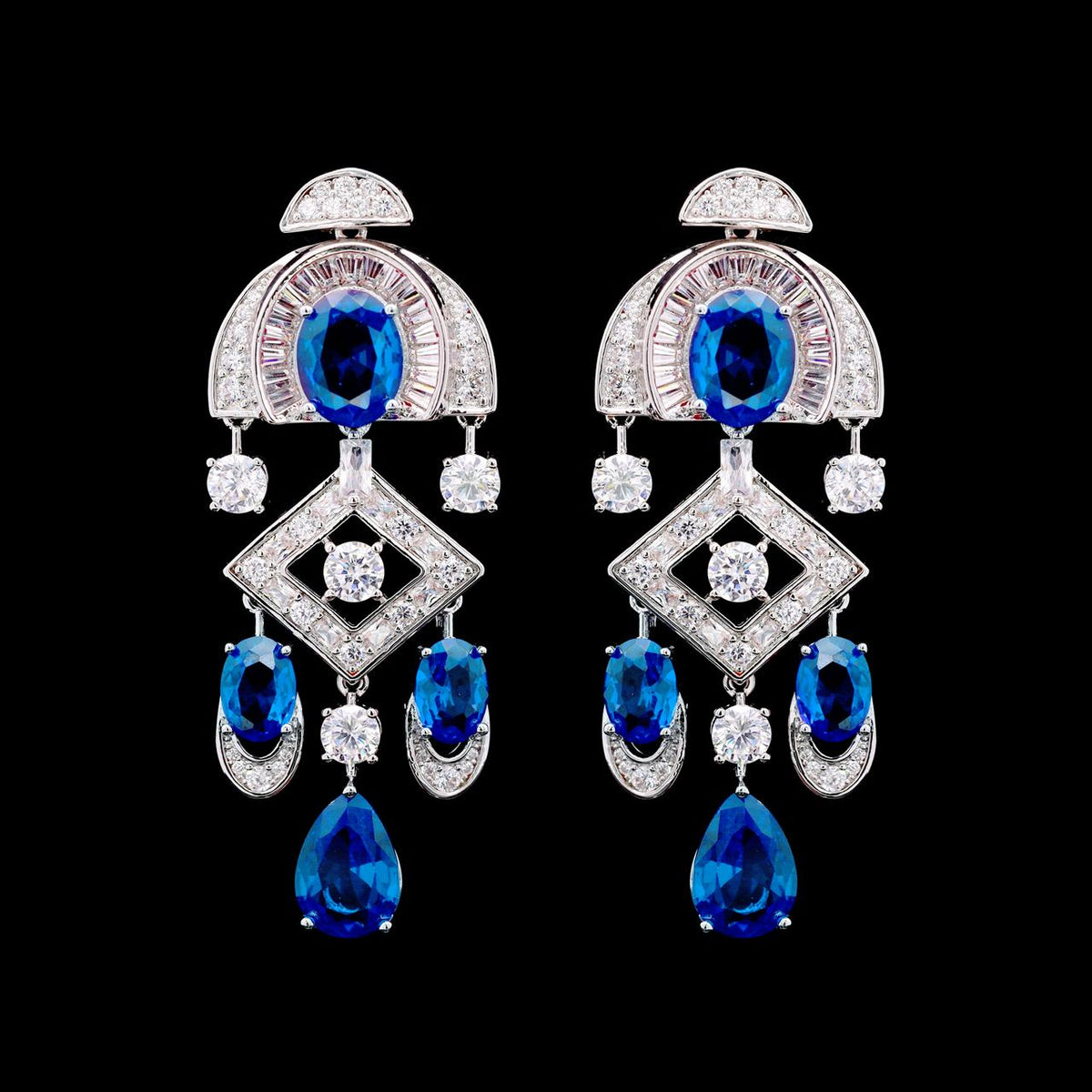 Shahina Blue Luxury Bridal Earring with High-Quality Zircon Stones, Rhodium-Plated