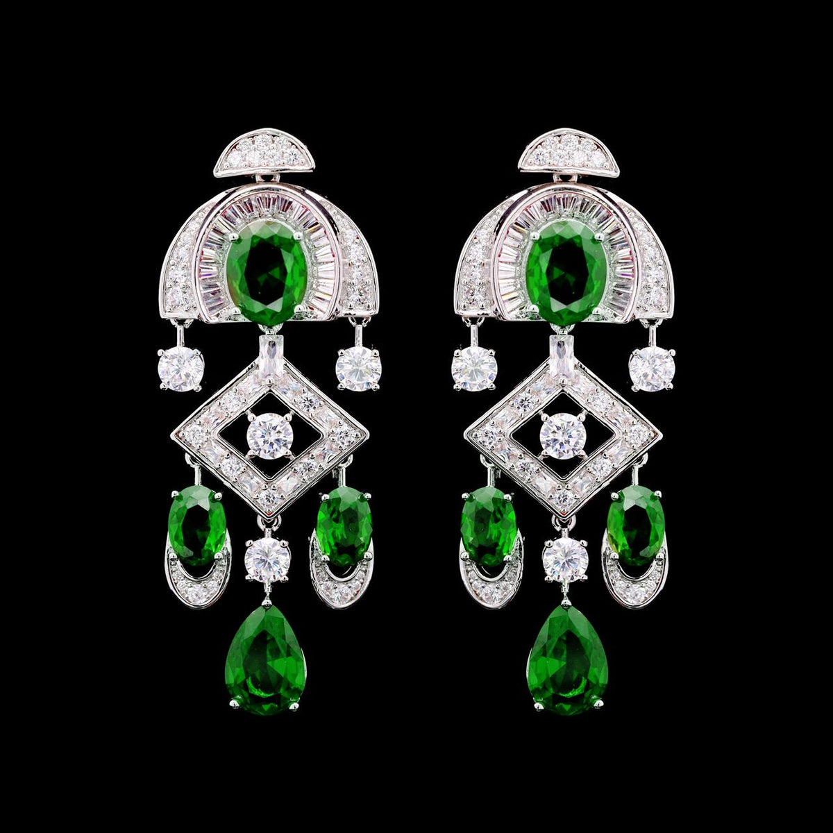 Shahina Green Luxury Bridal Earring with High-Quality Zircon Stones, Rhodium-Plated