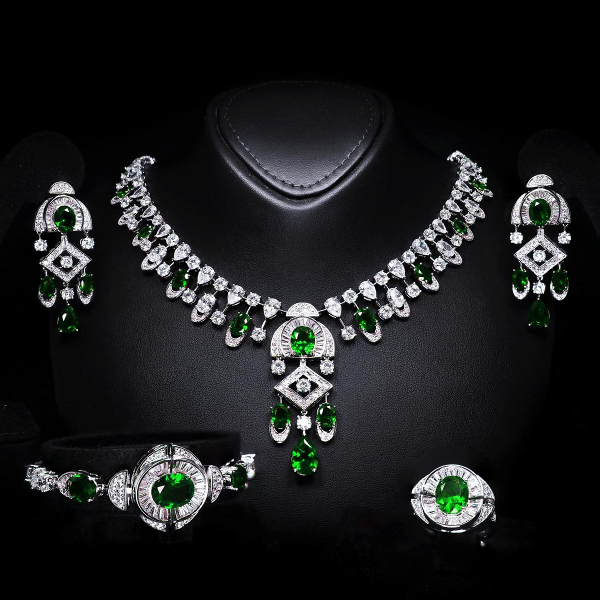 Shahina Green Luxury Bridal Full Set with High-Quality Zircon Stones, Rhodium-Plated