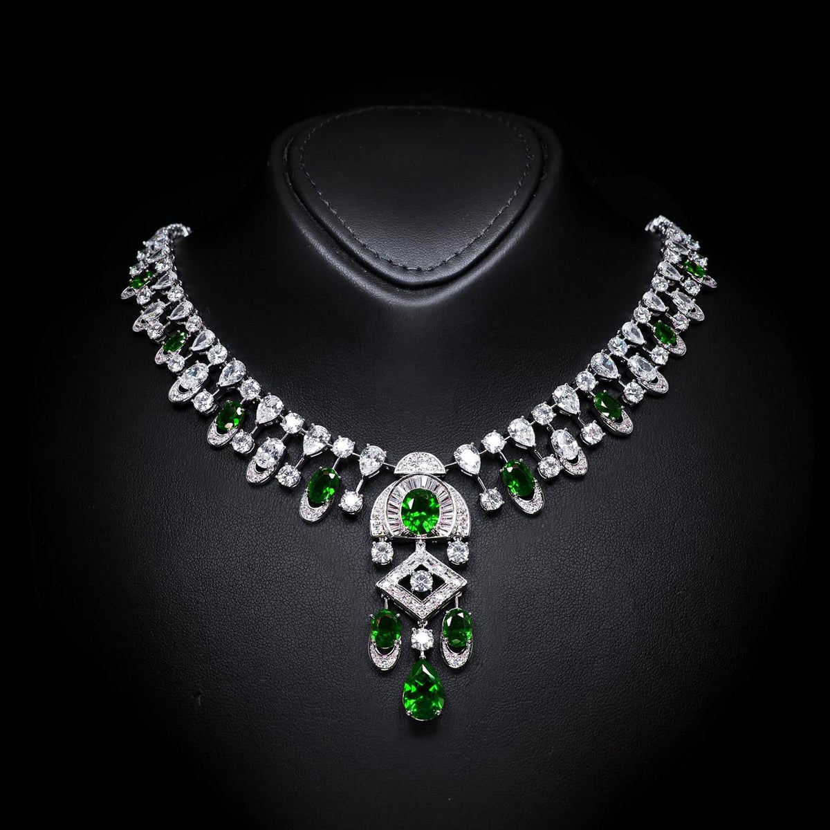 Shahina Green Luxury Bridal Necklace with High-Quality Zircon Stones, Rhodium-Plated