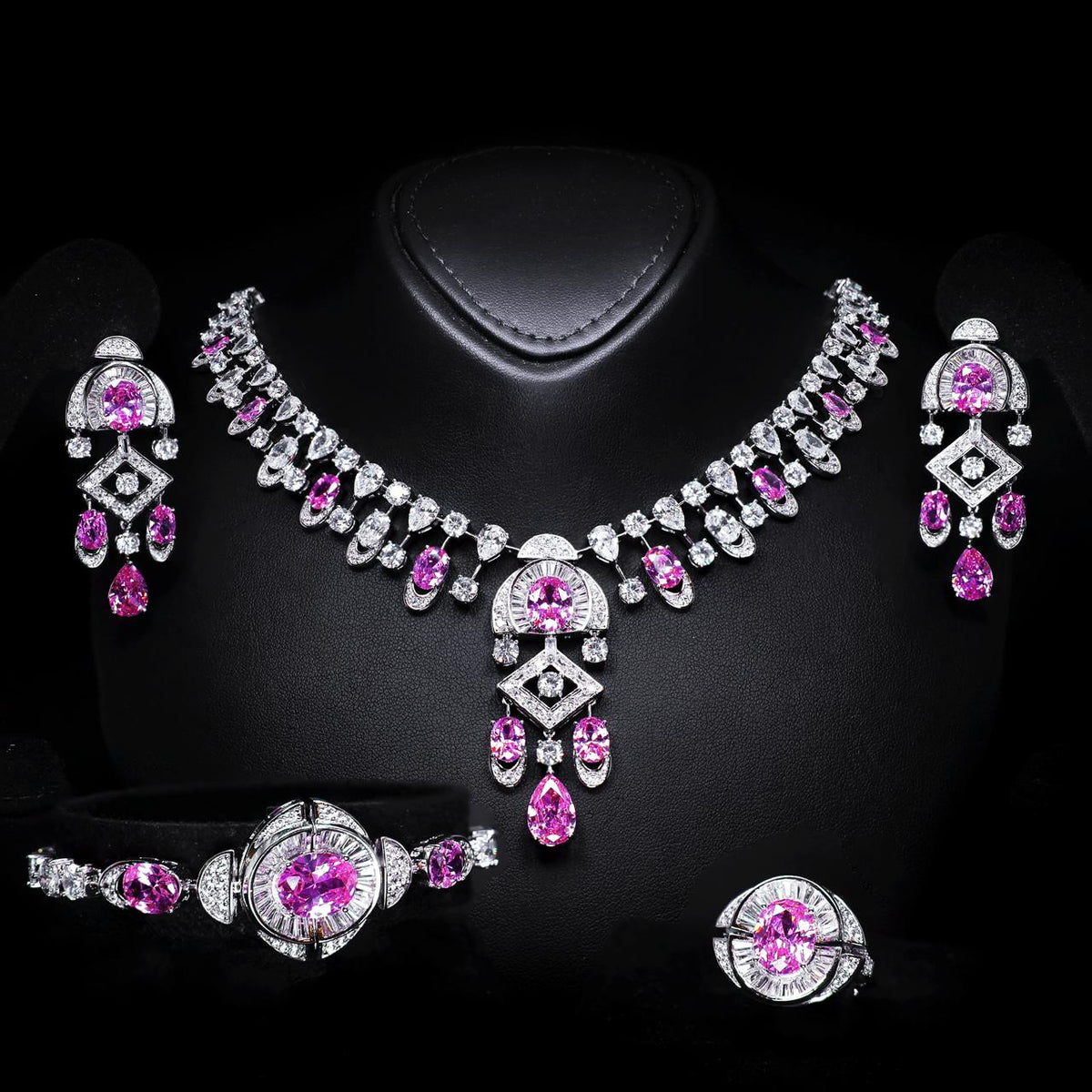 Shahina Pink Luxury Bridal Full Set with High-Quality Zircon Stones, Rhodium-Plated