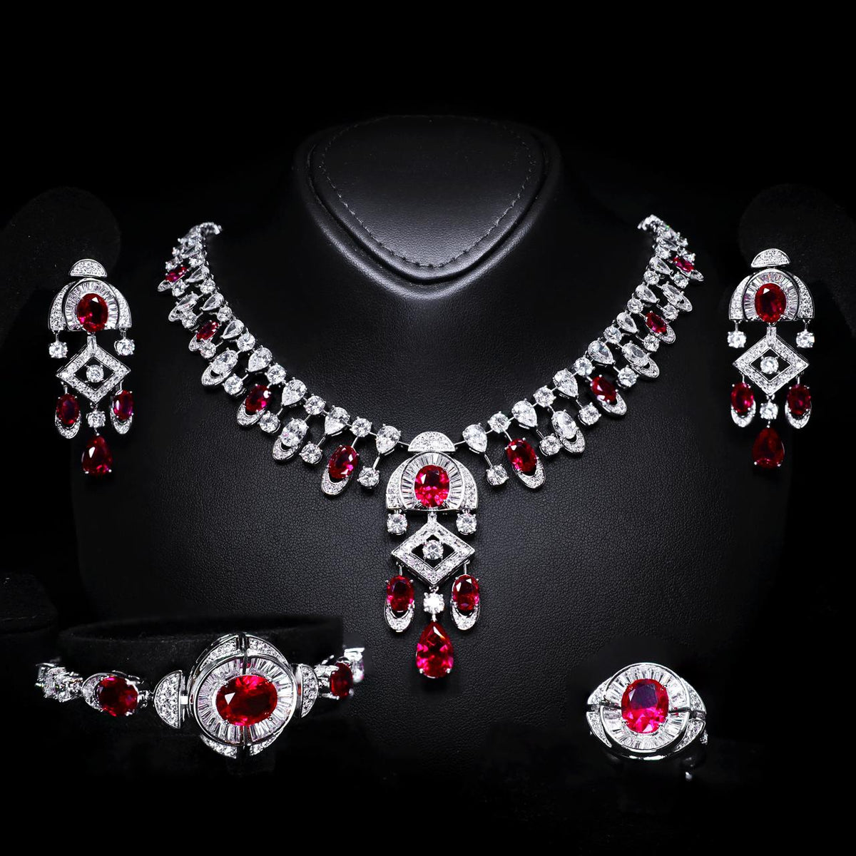 Shahina Ruby Red Luxury Bridal Full Set with High-Quality Zircon Stones, Rhodium-Plated