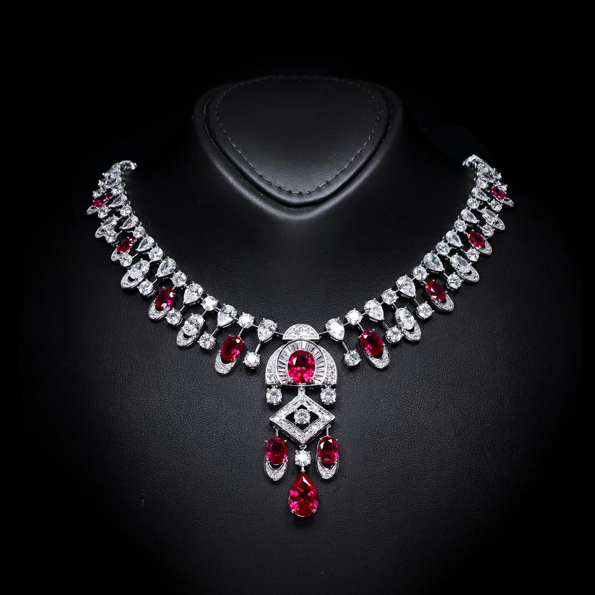 Shahina Ruby Red Luxury Bridal Necklace with High-Quality Zircon Stones, Rhodium-Plated
