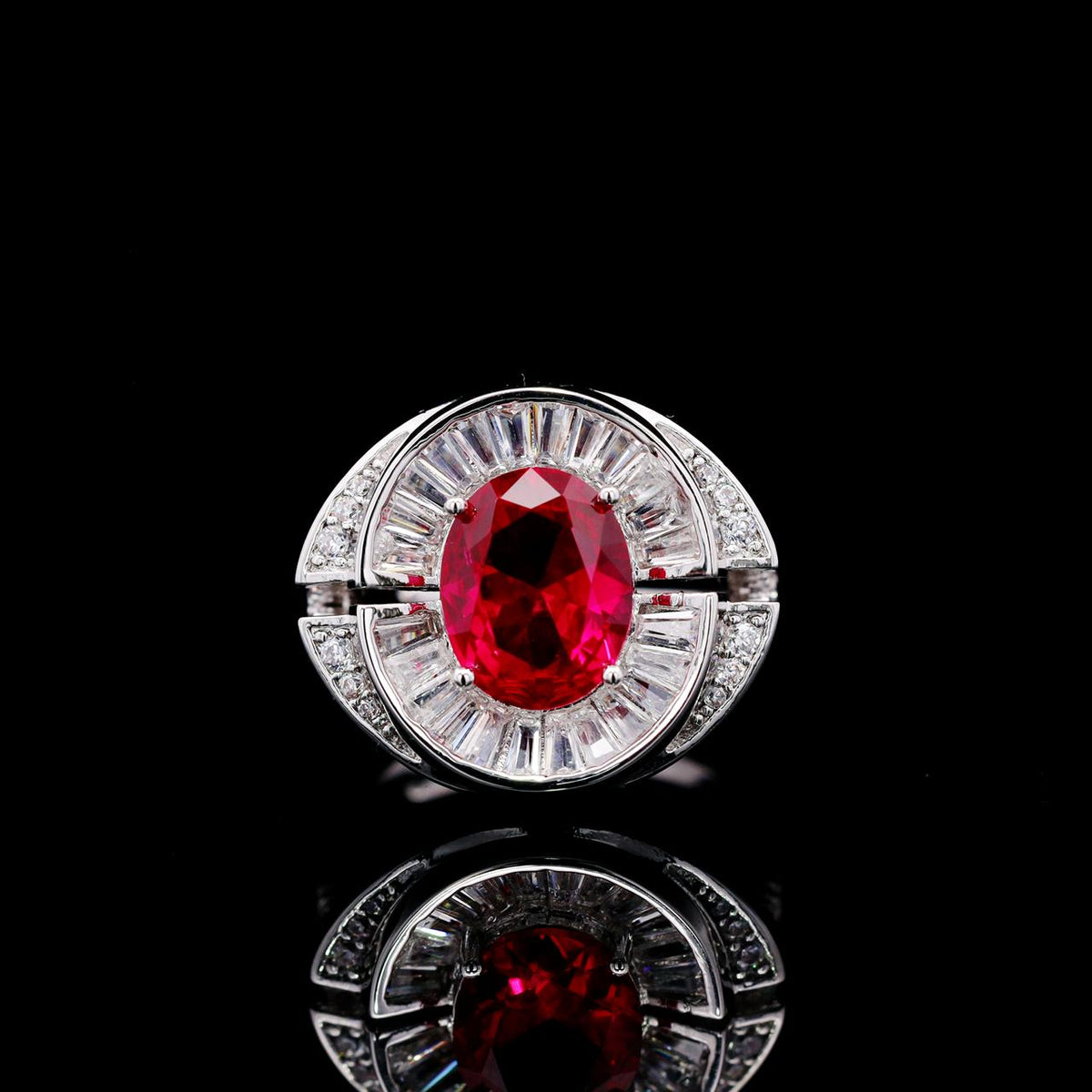 Shahina Ruby Red Luxury Bridal Ring with High-Quality Zircon Stones, Rhodium-Plated
