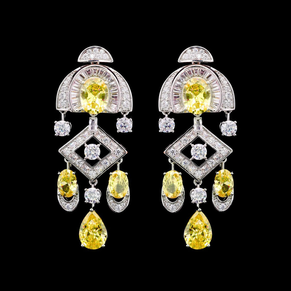 Shahina Yellow Luxury Bridal Earring with High-Quality Zircon Stones, Rhodium-Plated