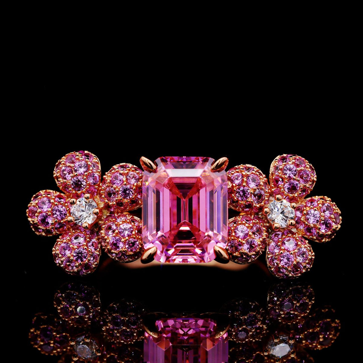 Shatha Pink Floral Ring with Certificate | High-Quality Simulated Diamonds in 925 Sterling Silver