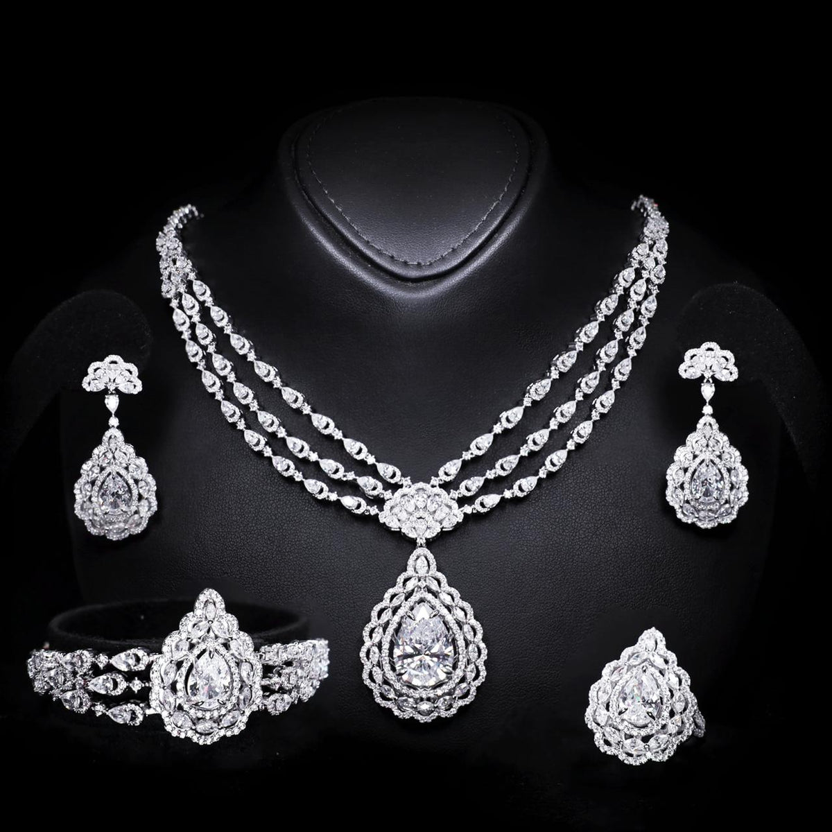 Sylvia Luxury Bridal Full Set with High-Quality Zircon Stones Rhodium-Plated Finish