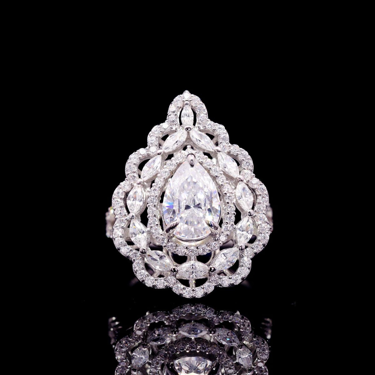 Sylvia Luxury Bridal Ring with High-Quality Zircon Stones Rhodium-Plated Finish