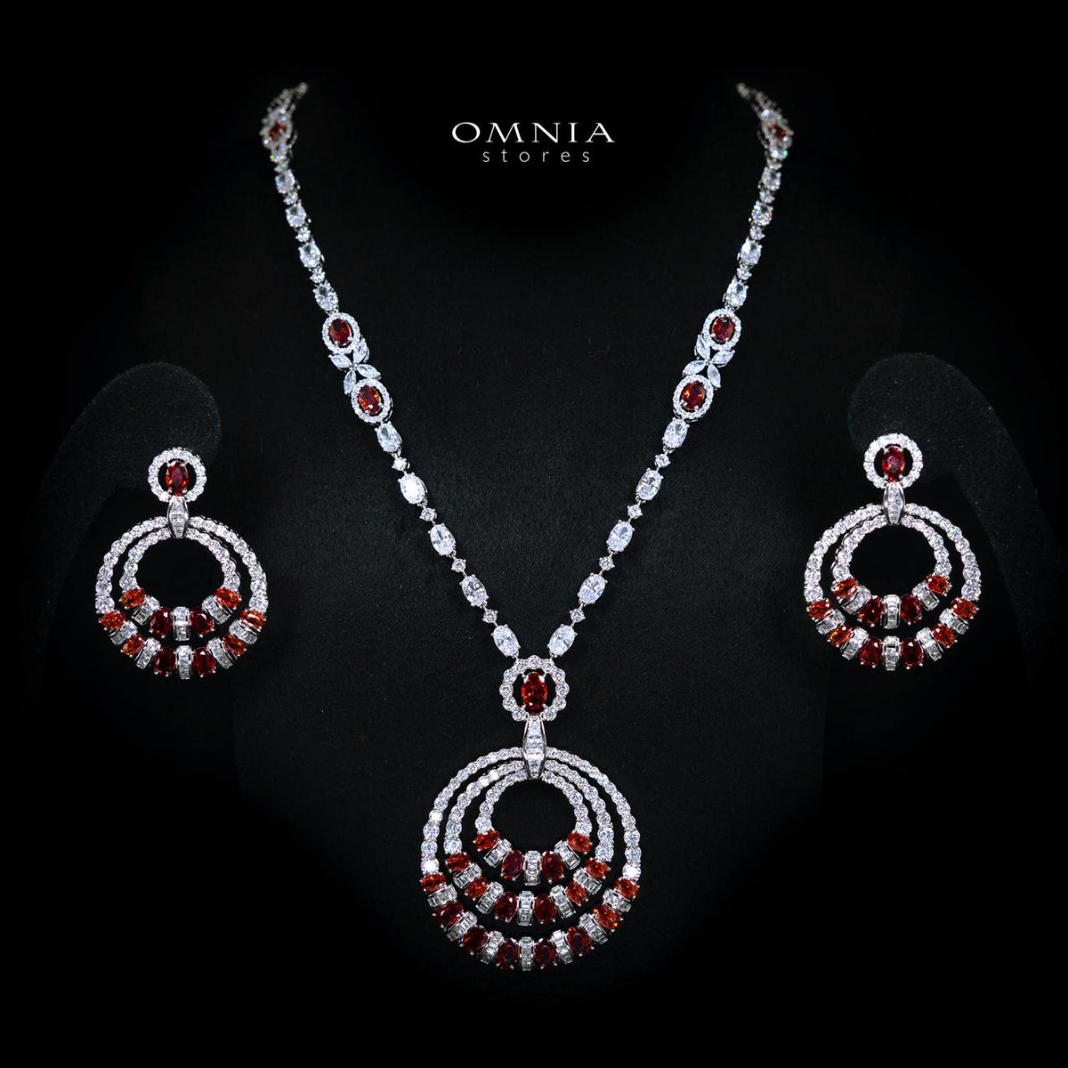 Selestine Red Long Chain Necklace and Earring Set with High-Quality Simulated Diamonds and Rhodium Plating