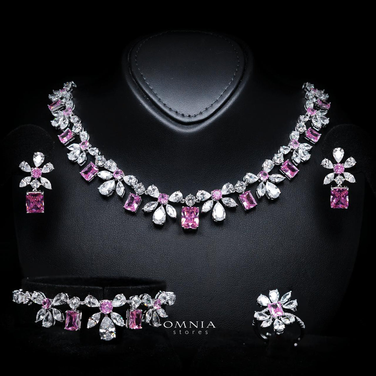 Rizza Pink Luxury Bridal Full Set with High-Quality Simulated Diamonds – Rhodium Plated