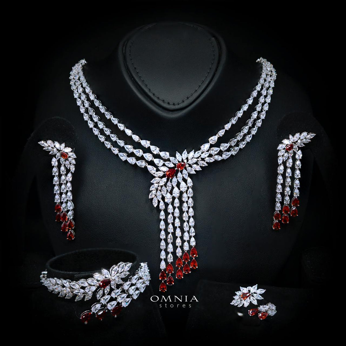 Omnia Rahaf Red Bridal Full Set in High Quality Zircon Stone Rhodium Plated