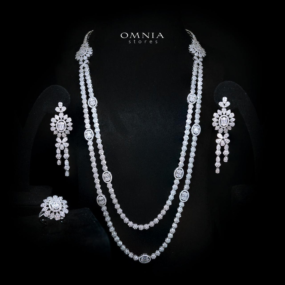 Lumaiza White Long Chain Necklace, Earrings, and Ring Set with High-Quality Simulated Diamonds and Rhodium Plating