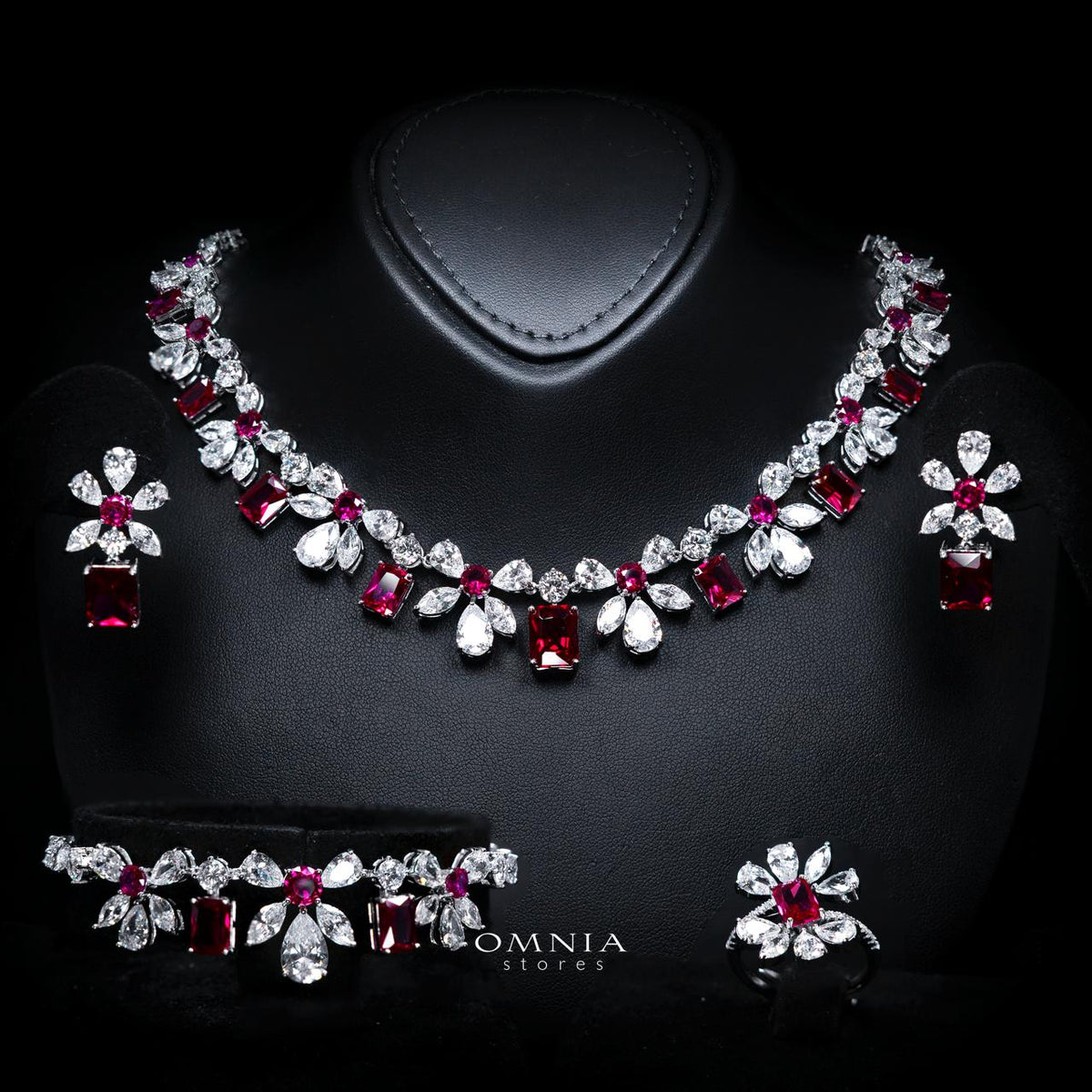 Rizza Ruby Red Luxury Bridal Full Set with High-Quality Simulated Diamonds – Rhodium Plated