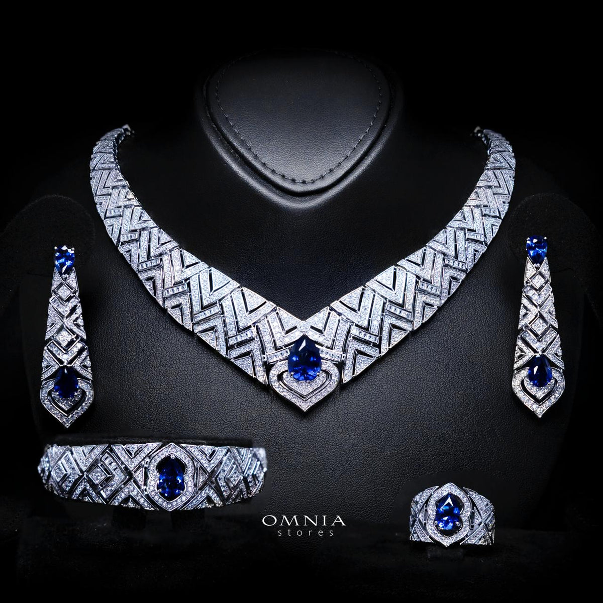 Daryan Blue Luxury Bridal Full Set with High-Quality Simulated Diamonds – Rhodium Plated