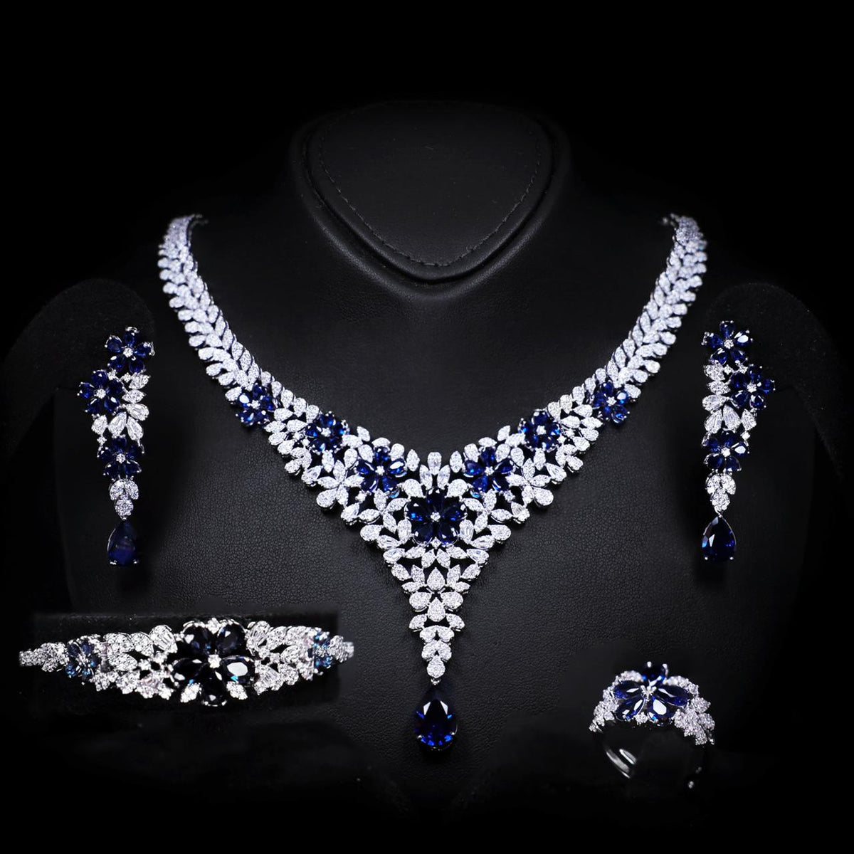 Omnia Karla Blue Luxury Bridal Full Set with High Quality Zircon Stones – Rhodium Plated