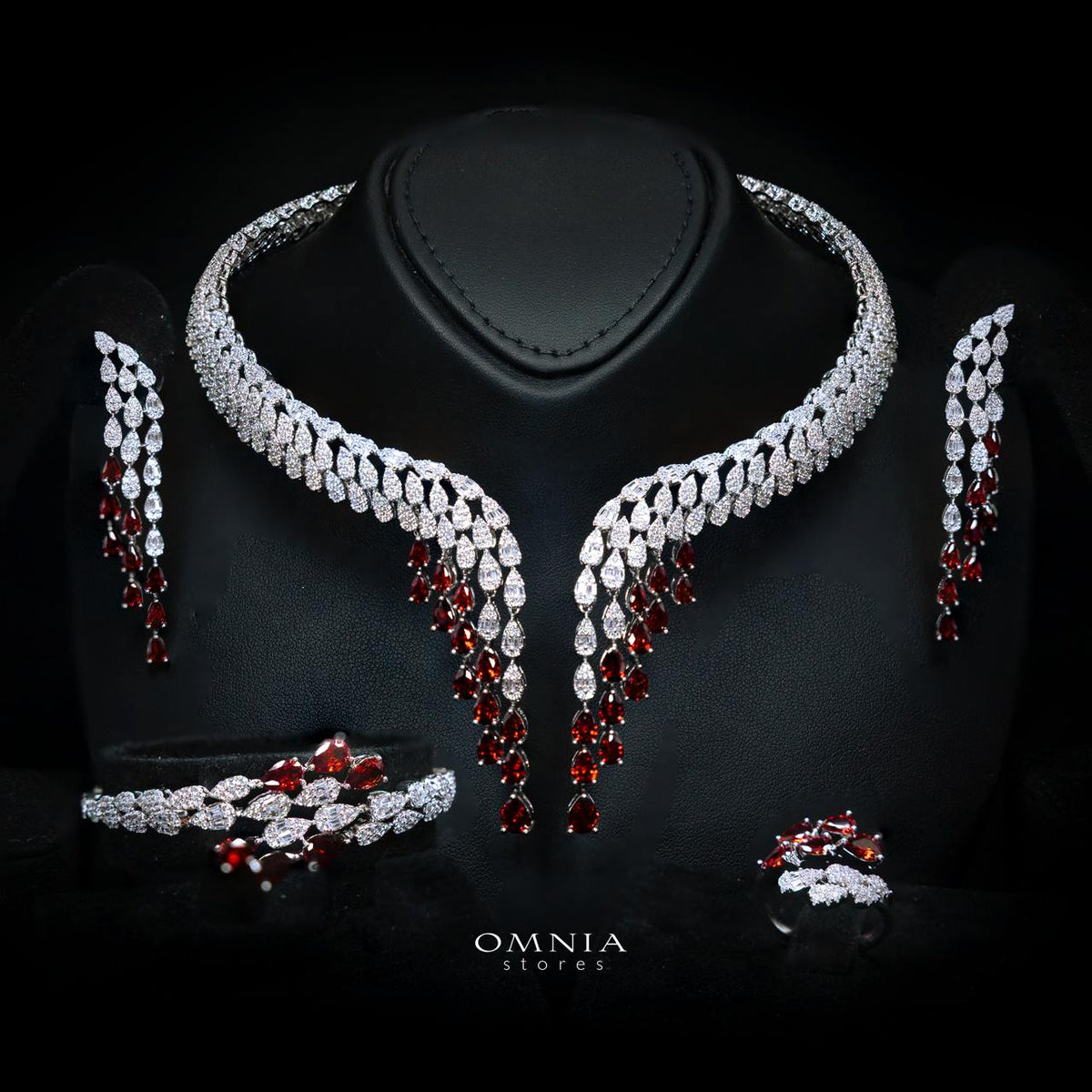 Omnia Senna Luxury Bridal Red Full Set in High Quality Zircon Stone Rhodium Plated
