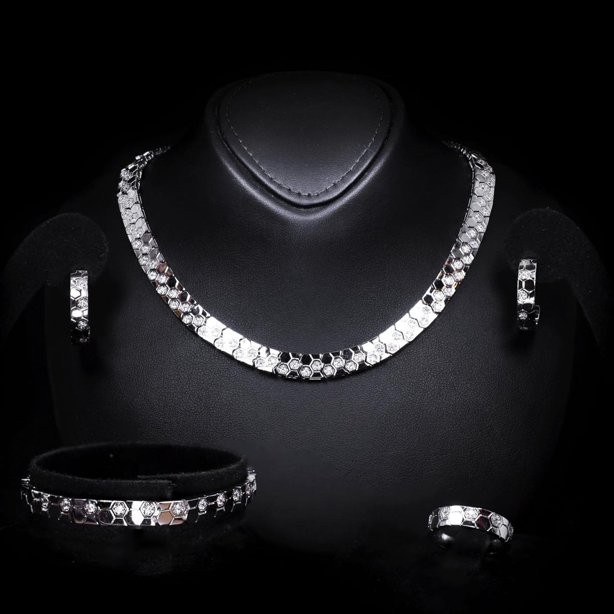 Rana White Luxury Bridal Full Set High-Quality Zircon Stones with Rhodium-Plated Finish