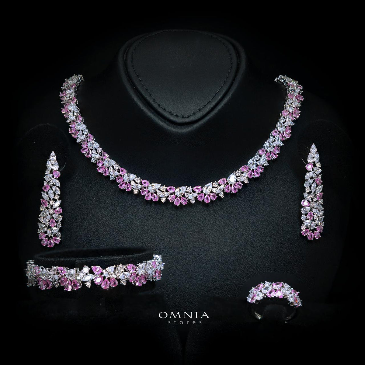 Safira Pink Luxury Bridal Full Jewelry Set with High-Quality Premium Simulated Diamonds