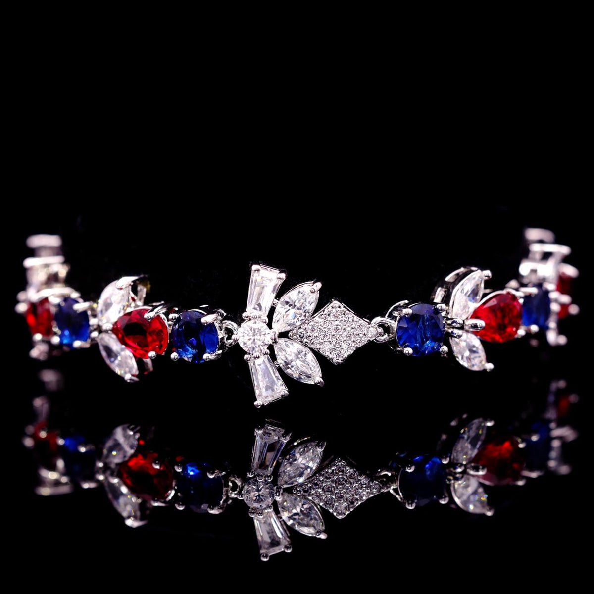 Vionna Blue & Red Luxury Bridal Bracelet with High-Quality Zircon Stones Rhodium-Plated Finish