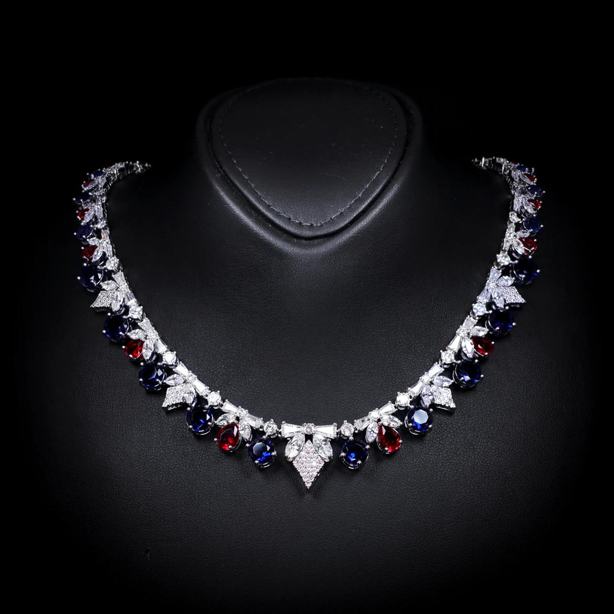 Vionna Blue & Red Luxury Bridal Necklace with High-Quality Zircon Stones Rhodium-Plated Finish