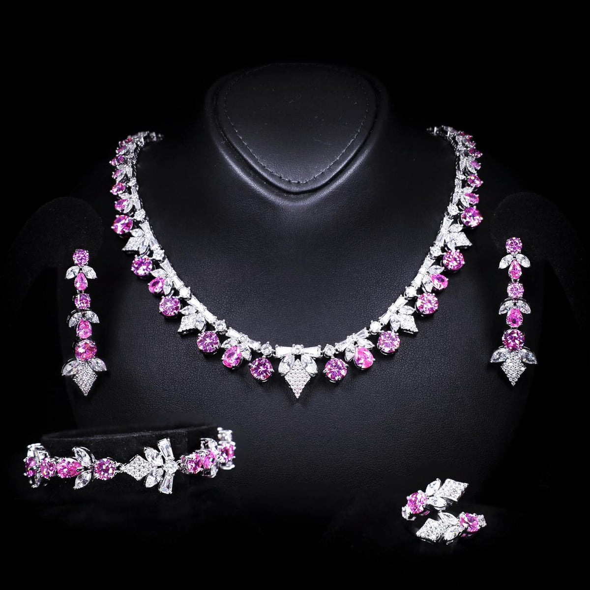Vionna Pink Luxury Bridal Full Set with High-Quality Zircon Stones Rhodium-Plated Finish