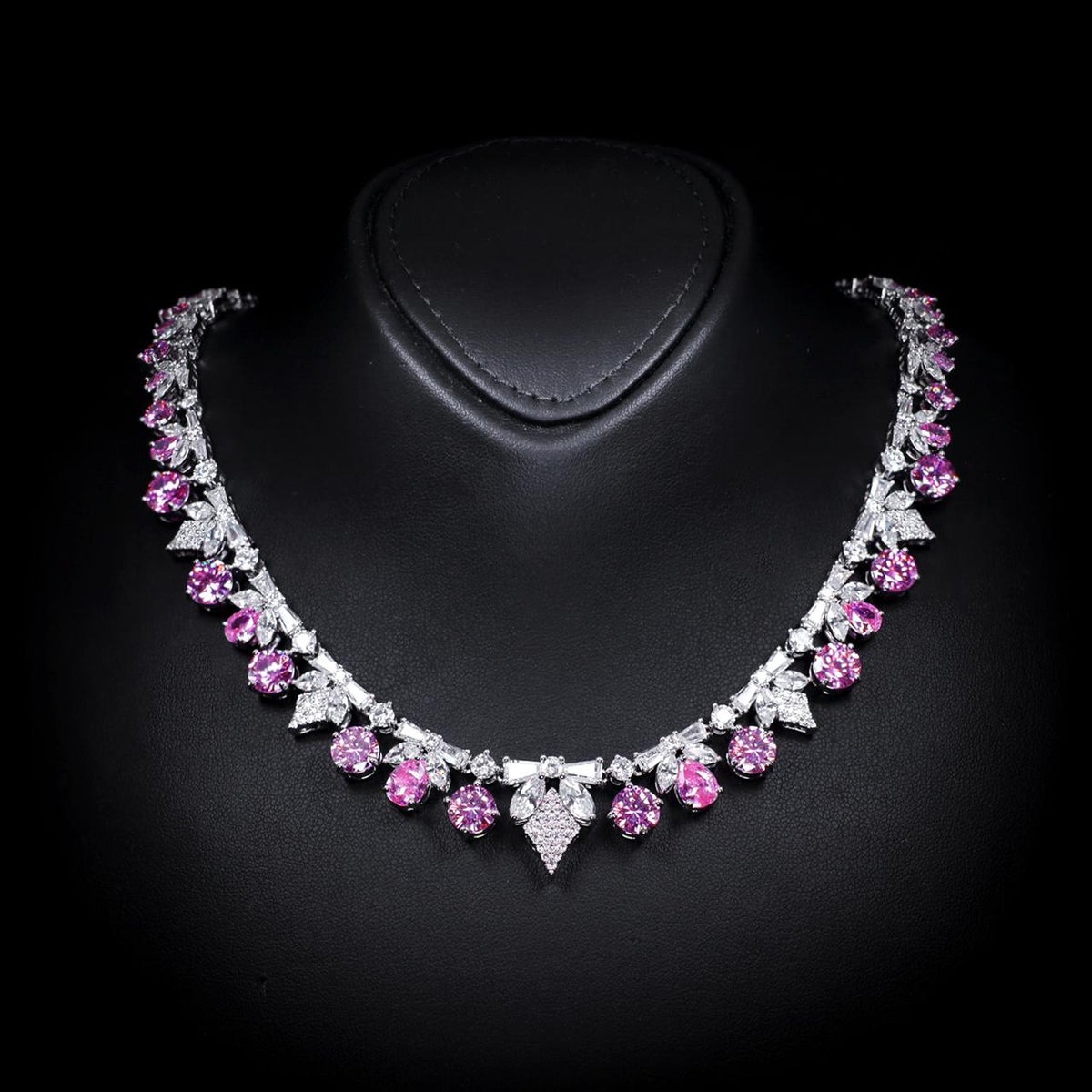 Vionna Pink Luxury Bridal Necklace with High-Quality Zircon Stones Rhodium-Plated Finish
