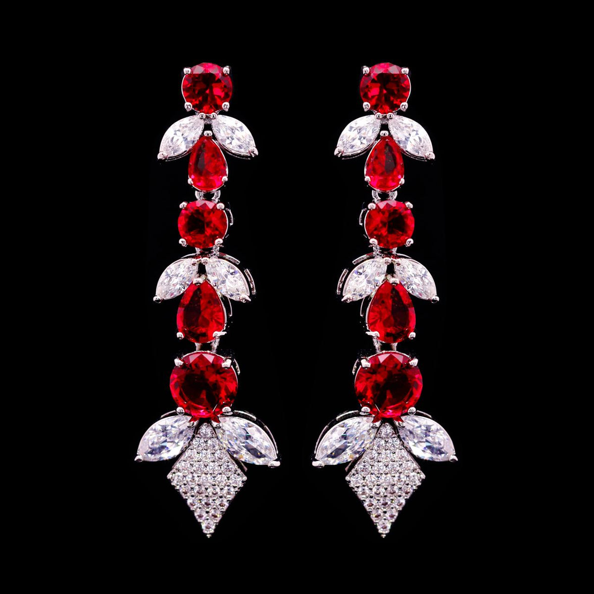 Vionna Red Luxury Bridal Earring with High-Quality Zircon Stones Rhodium-Plated Finish