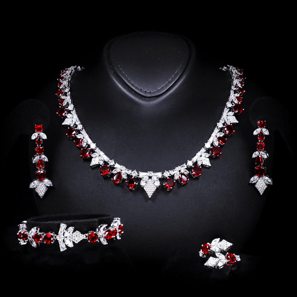 Vionna Red Luxury Bridal Full Set with High-Quality Zircon Stones Rhodium-Plated Finish