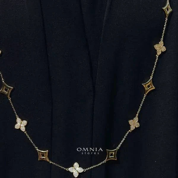Omnia Golden Clove Long Chain in 100cm with High-Quality Simulated Diamonds Gold Plated